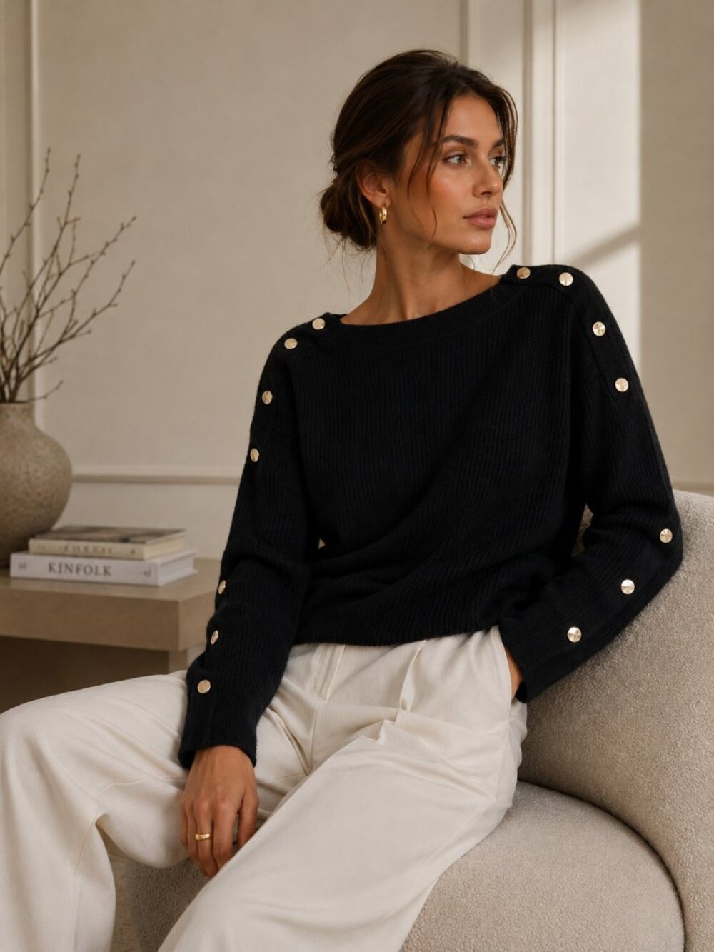 COS Black Cashmere Rib Knit Sweater Silver Snap Button Sleeve Minimalist Oversiz